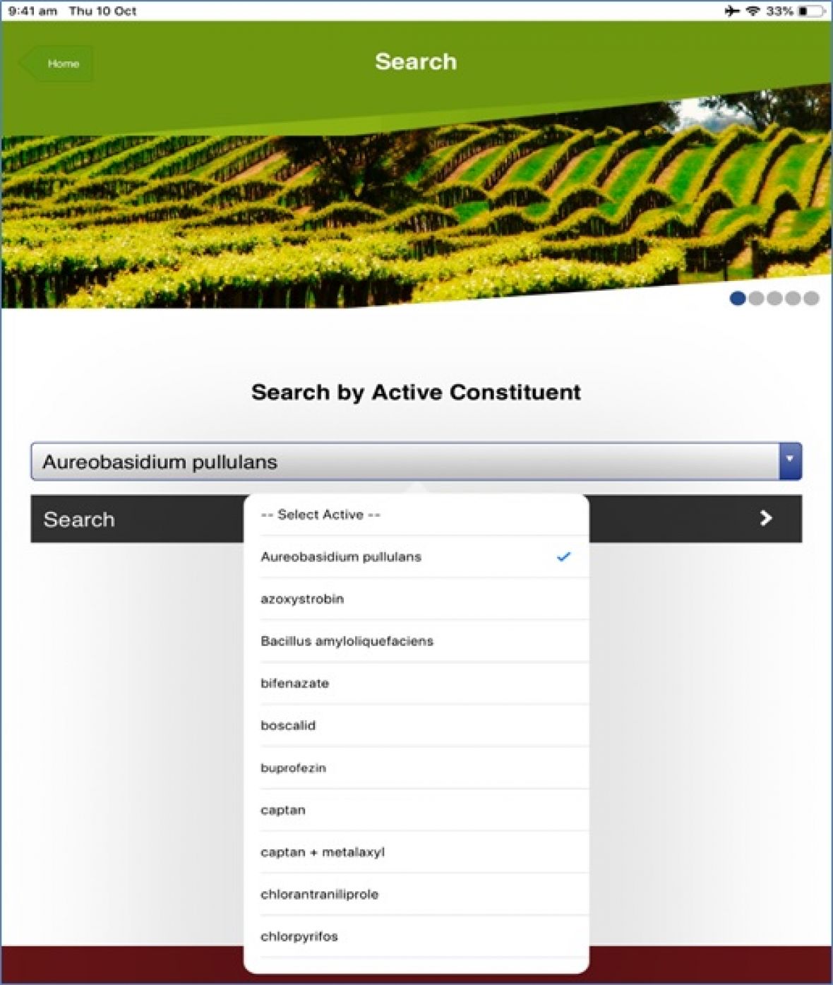 Australian table grapes association grower app page showing search by active constituent