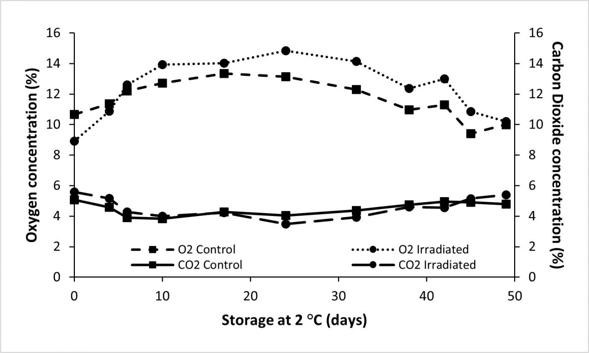 Figure 1. Change in oxygen (O2) and carbon dioxide (CO2) concentrations 
