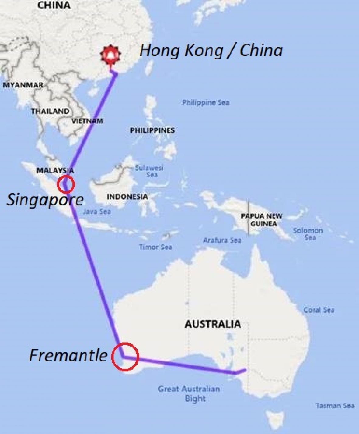 Map of fruit travel from Australia to China