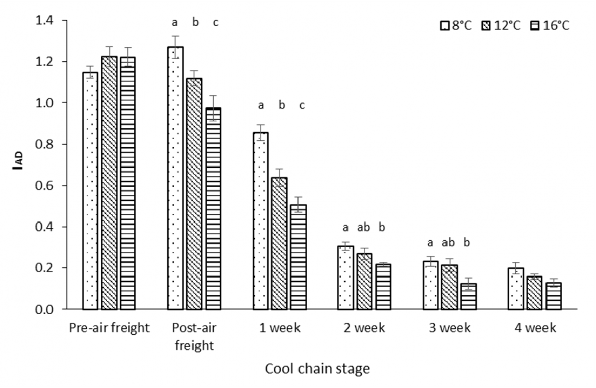 Graph: . Effect of air freight temperature treatment and, storage duration at 2 °C or cool chain stage, on index of absorbance difference (IAD) for ‘Polar Queen’ peach