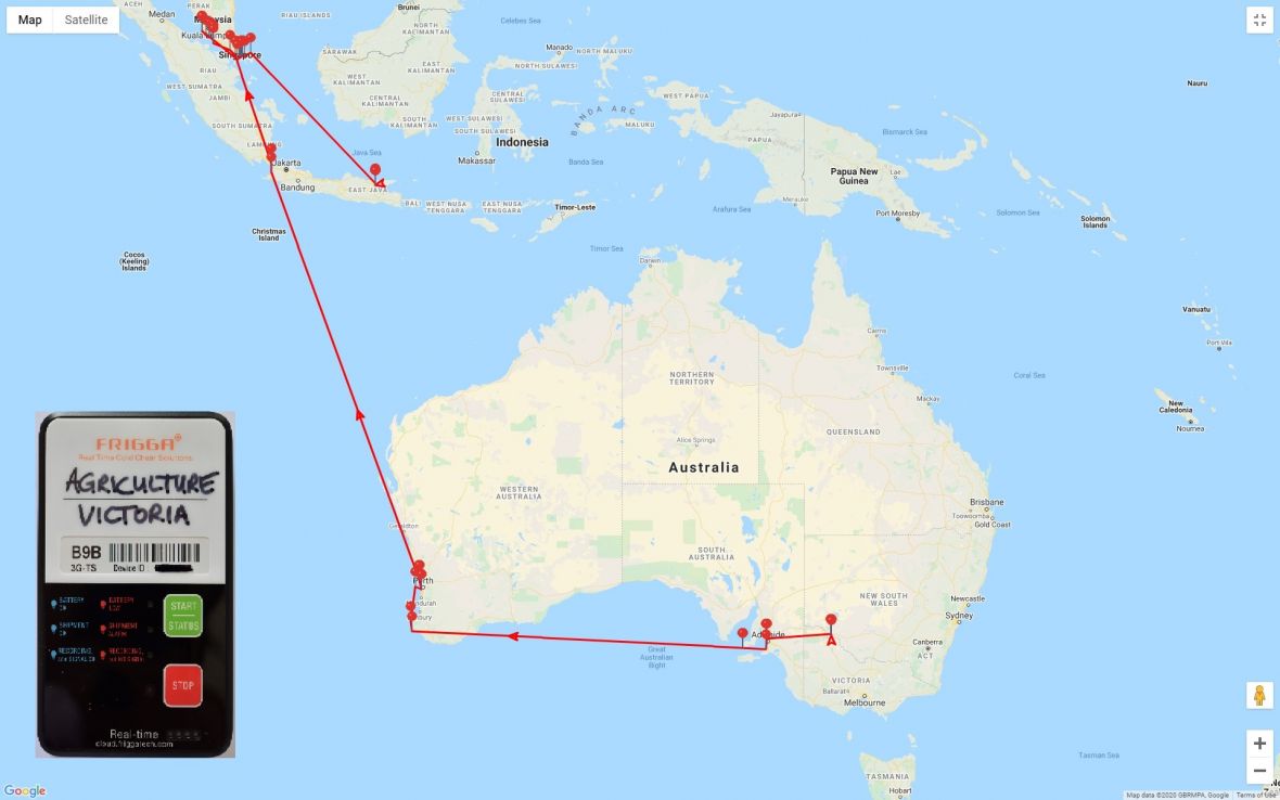 Map highlighting travel route from Australia to Malaysia 