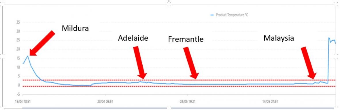 Graph showing Temperature of Table grapes on route to Malaysia