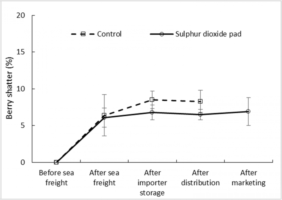 Figure 3. Effect of SO2 treatment and export stage on incidence of berry shatter 